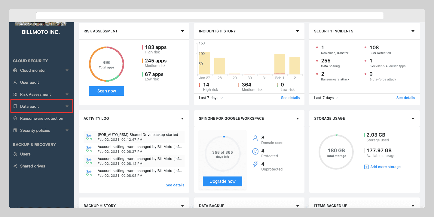 | Spin.AI Dashboard view of SpinOne ransomware protection tool
