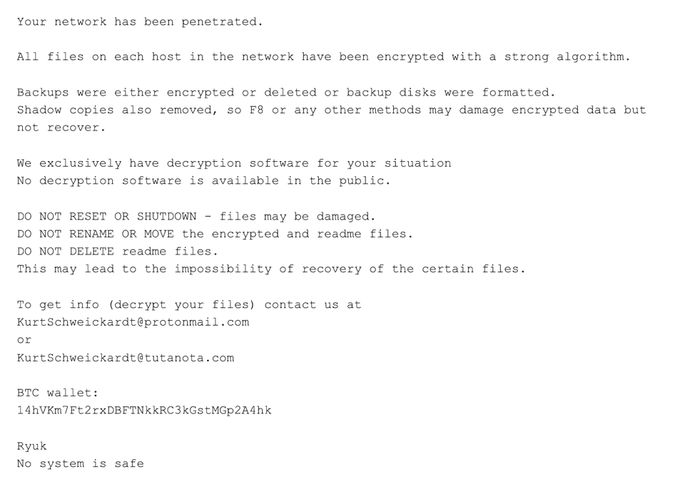 Ryuk ransomware alert graphic