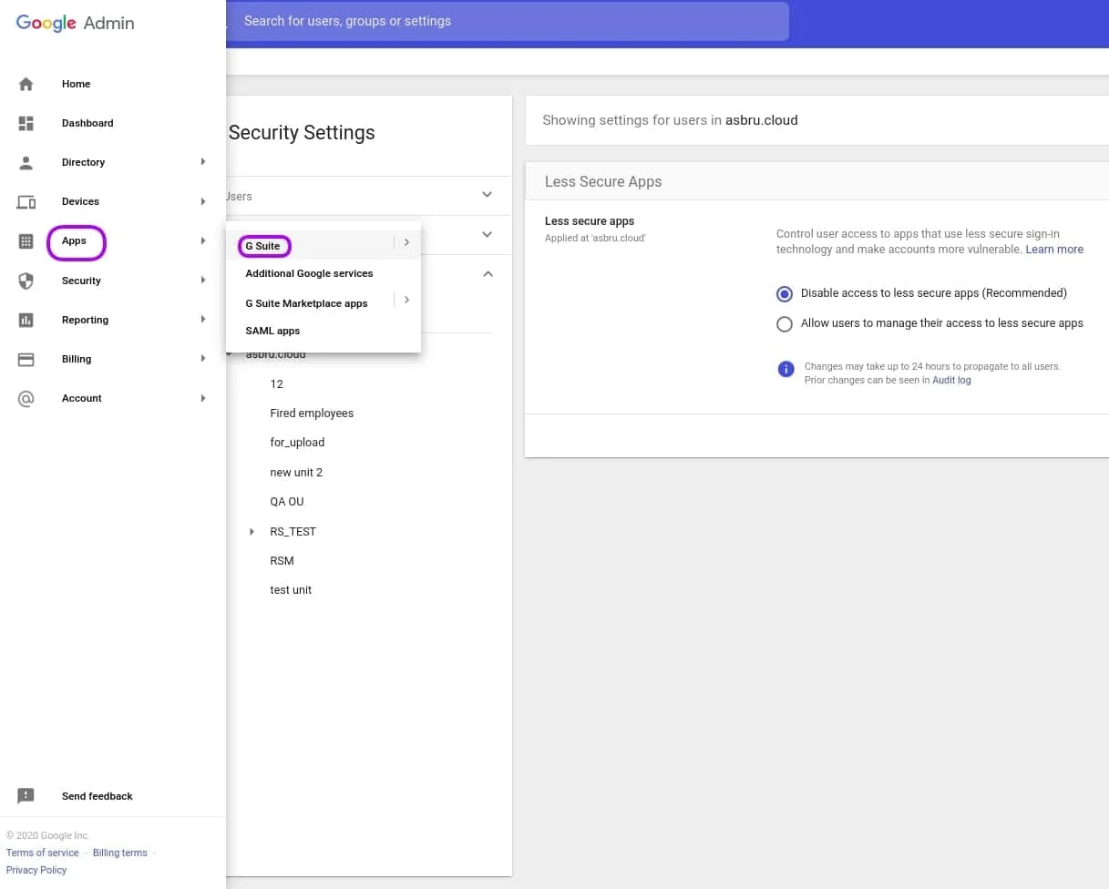 | Spin.AI Screenshot of Google Admin console showing left navigation; 'Apps' is highlighted and a submenu is open showing 'G Suite', 'Additional Google services', 'G Suite Marketplace apps', and 'SAML apps'