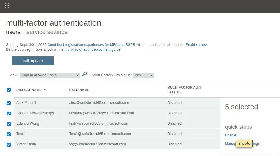 Multi-factor authentication users page with five listed users, all Disabled, and an Enable option in the right panel