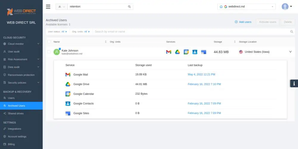 | Spin.AI Admin panel showing Archived Users with Kate Johnson, Google services, and storage usage on the left navigation panel at the top bar.