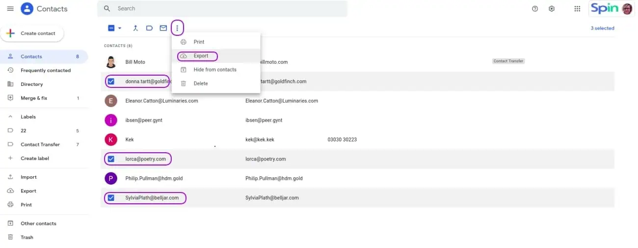 | Spin.AI transfer google account contatcs select and export