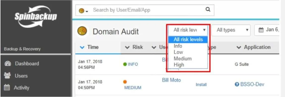 Filtering Spinbackup Domain Audit by risk | Spin.AI Filtering the Spinbackup Domain Audit view by risk level