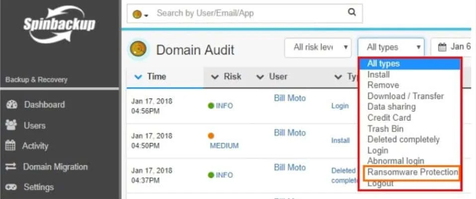 Spinbackup Domain Audit event type view | Spin.AI Using the Spinbackup Domain Audit dashboard to view events type