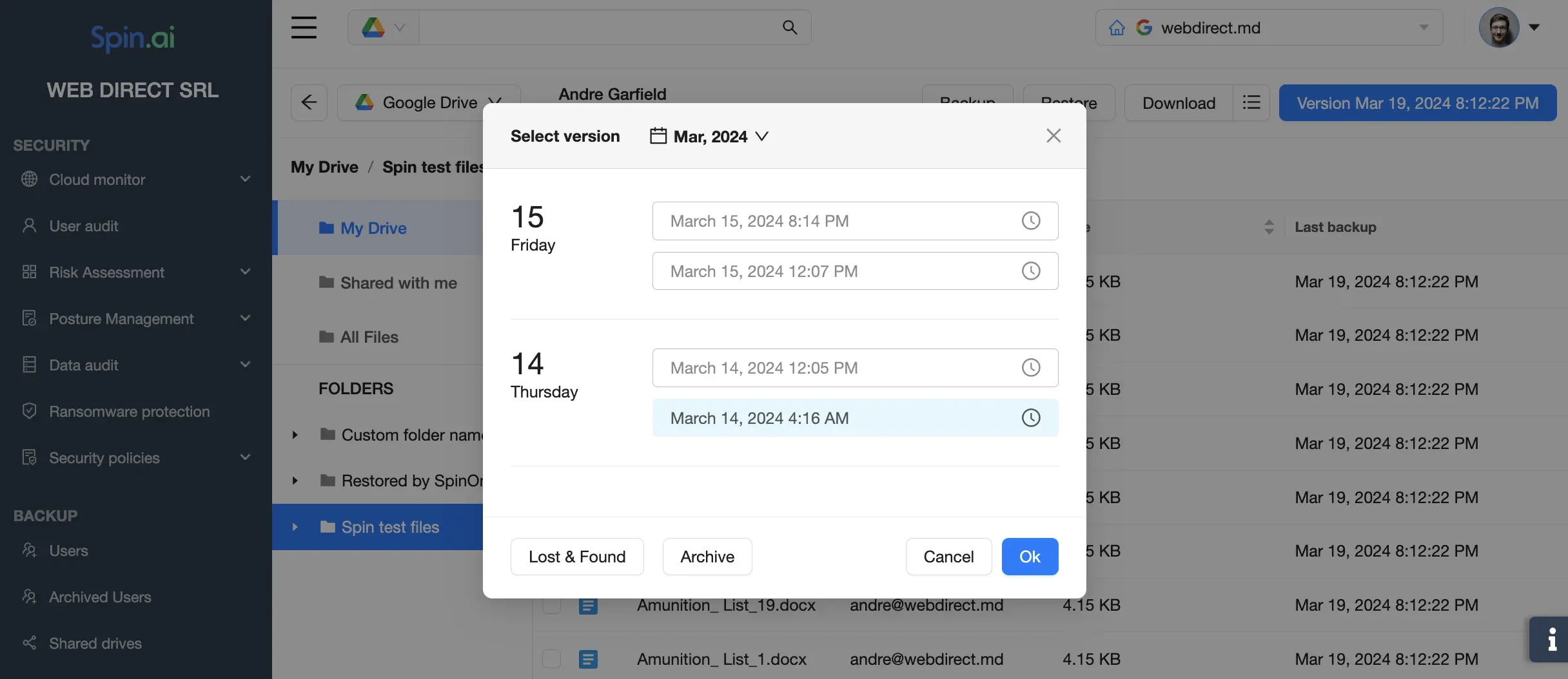point in time restoration functionality of a cloud backup