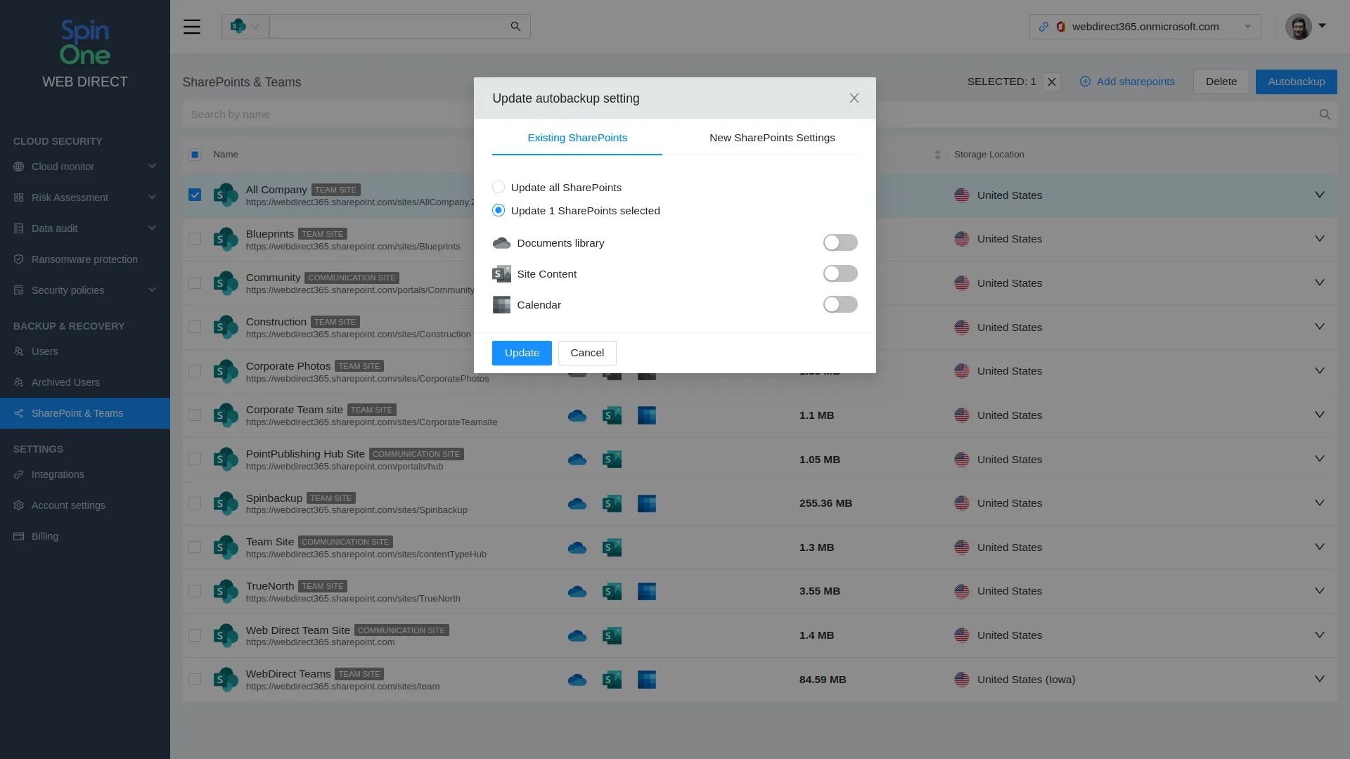 Pick the SharePoint you want to create a backup and press Autobackup