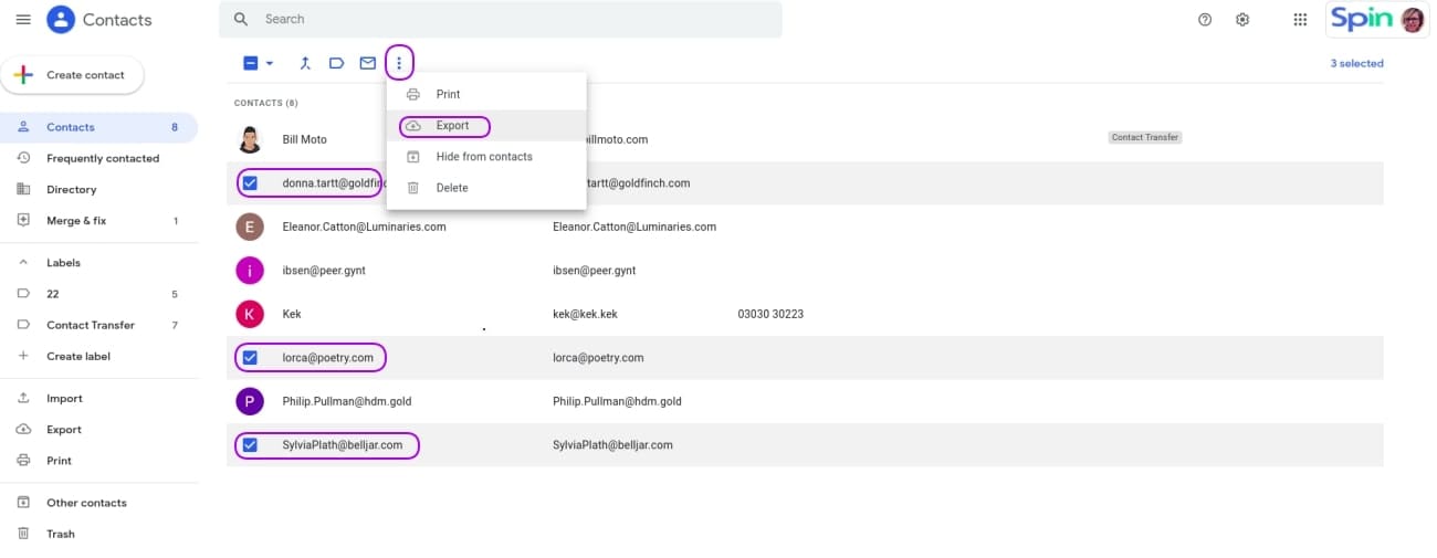transfer google account contatcs select and export