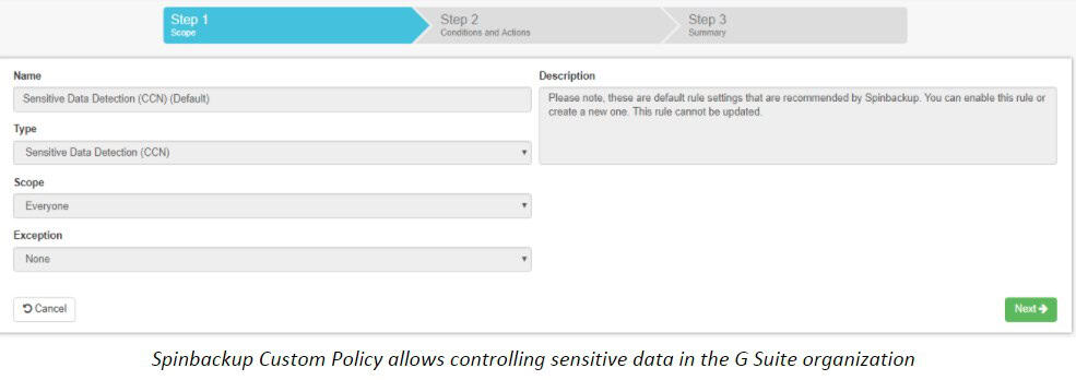 Spinbackup Custom Policy allows controlling sensitive data in the Google Workspace™ organization