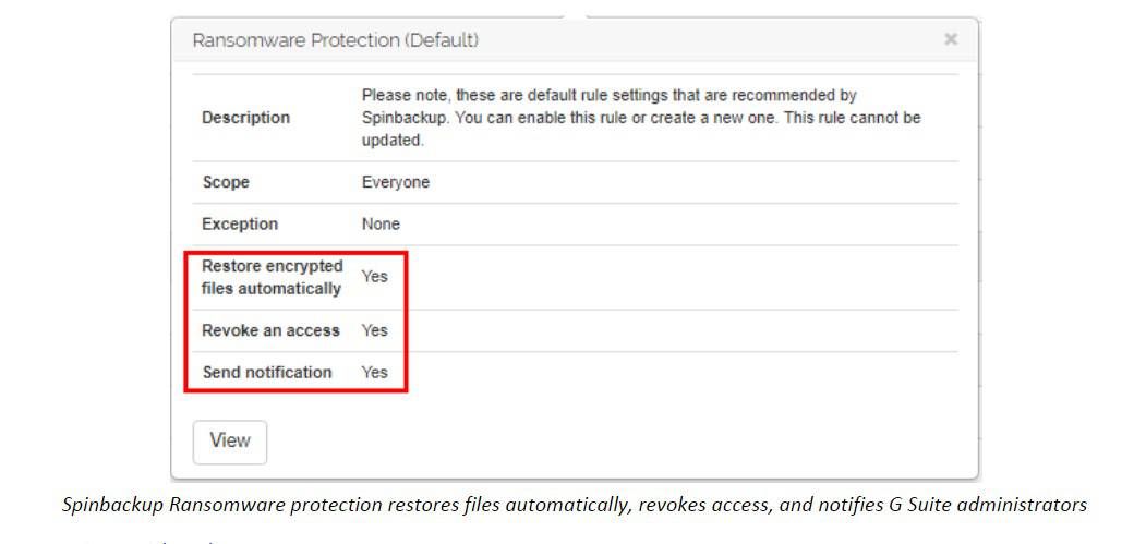 Spinbackup Ransomware protection restores files automatically, revokes access, and notifies Google Workspace™ administrators