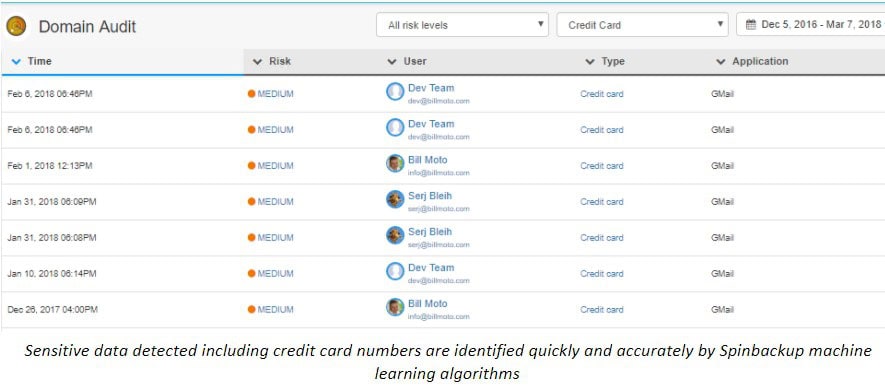 Sensitive data detected including credit card numbers are identified quickly and accurately by Spinbackup machine learning algorithms