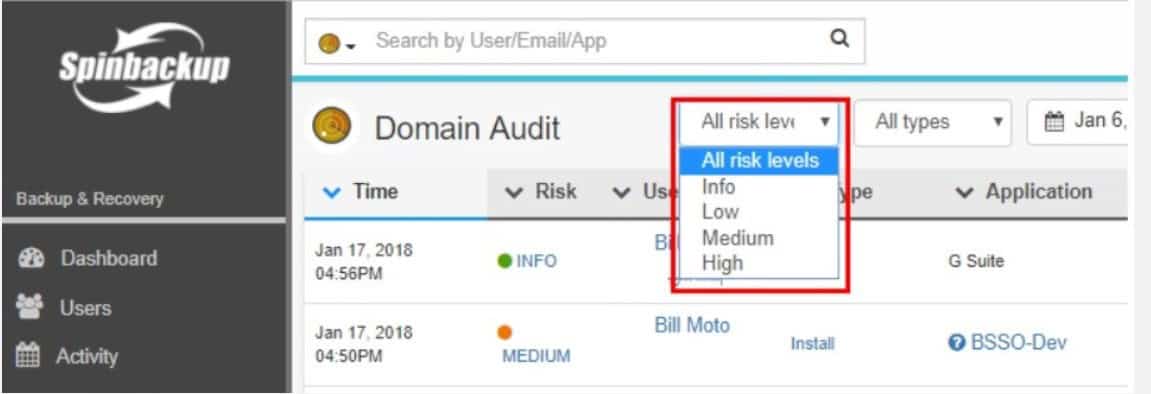 Filtering the Spinbackup Domain Audit view by risk level