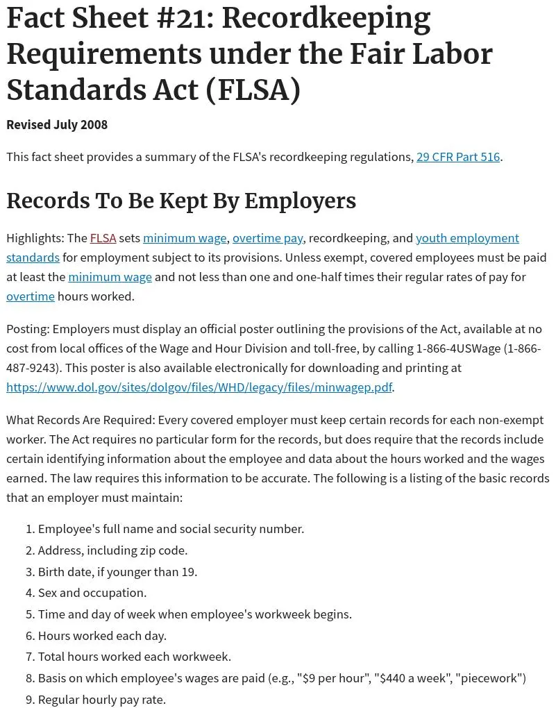 Fair Labor Standards Act recordkeeping requirements dictate data retention for organizations