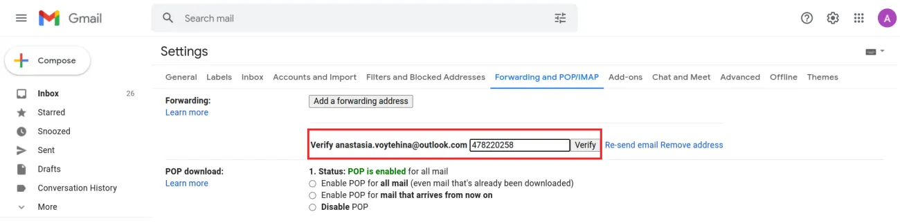Paste verification code in Gmail™ settings and click Verify
