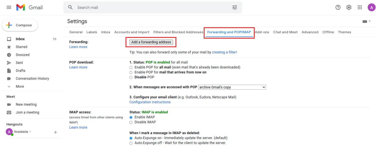 Click on Add a forwarding address button