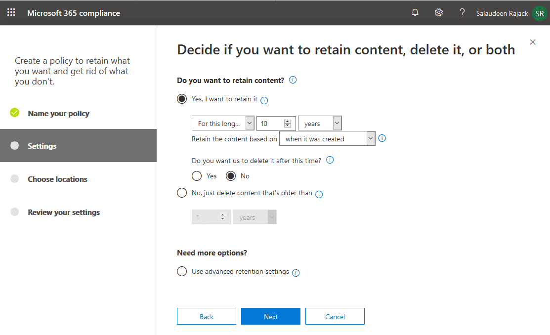 Microsoft Office 365 Retention Policy creation