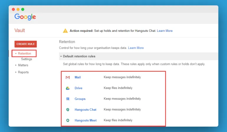 Default vault retention rules