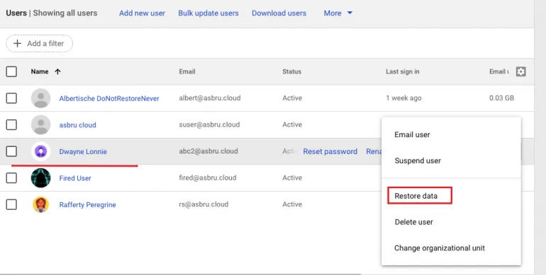 google admin console restore data