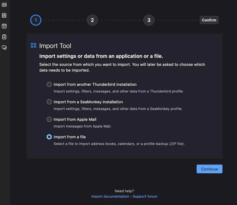 Menu selection in add-on to import MBOX