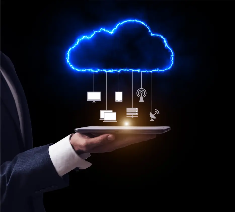 A hand holding a tablet with a cloud