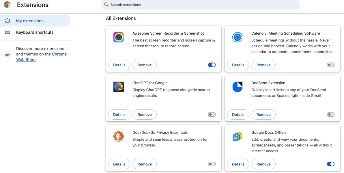 | Spin.AI Google Chrome browser displaying a list of web store extensions