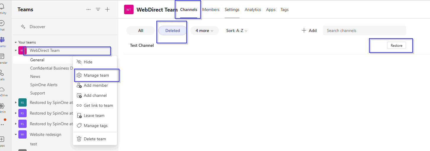 Select Restore on the deleted channel