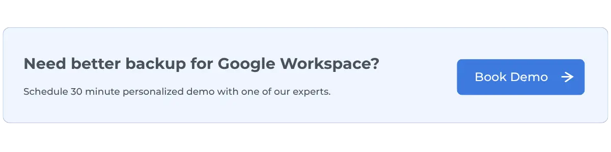 Blog CTA Backup Google Workspace | Spin.AI Banner offering backup for Google Workspace with CTA: Book Demo button on the right.