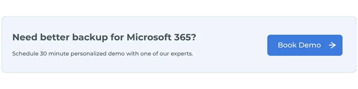 Blog CTA Backup Microsoft 365 | Spin.AI Promotional banner inviting a 30‑minute personalized backup demo for Microsoft 365, with a blue Book Demo button
