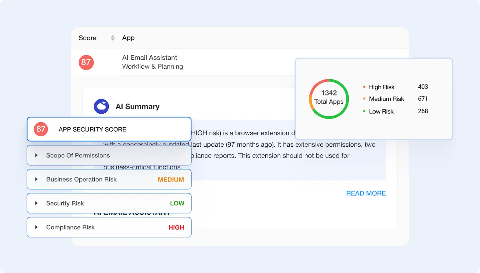Spin.ai platform assessing application security scores with detailed risk levels and permissions scope.