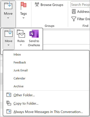 Microsoft Outlook - Choose a location from the folder list