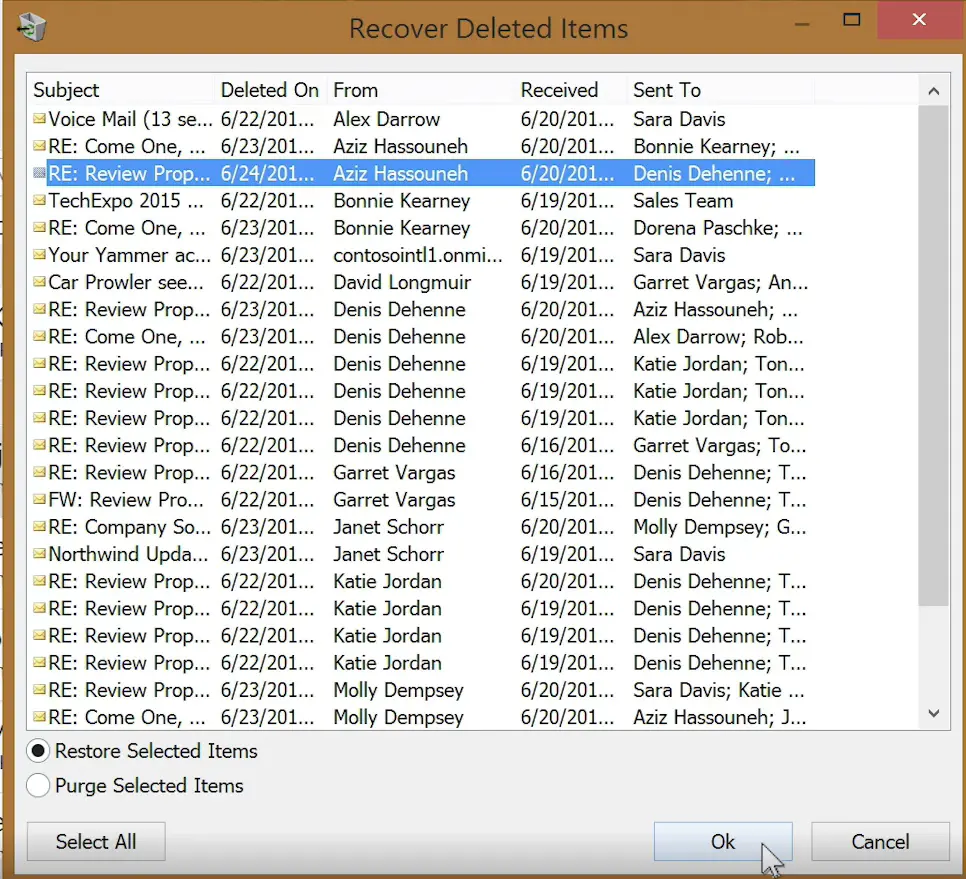 Microsoft Outlook - Select Restore Selected Items