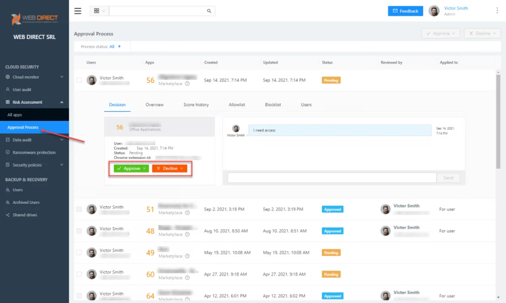 SpinOne SaaS Access Approval Process | Spin.AI SpinOne approval process interface for managing cloud SaaS application access