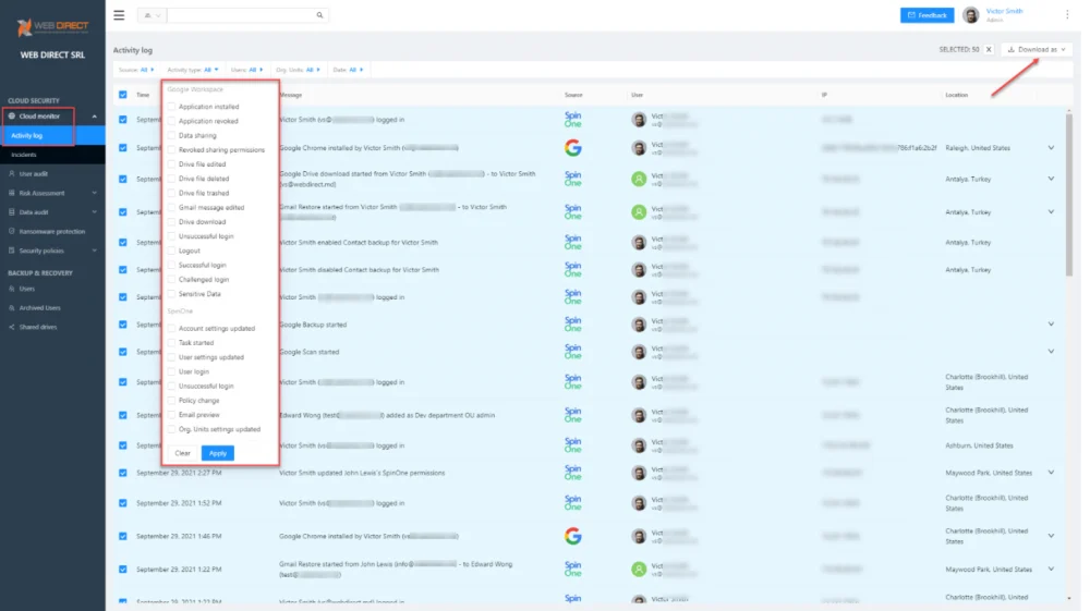 SpinOne Cloud Activity Log Monitor | Spin.AI SpinOne Cloud monitor showing detailed activity log for SaaS security