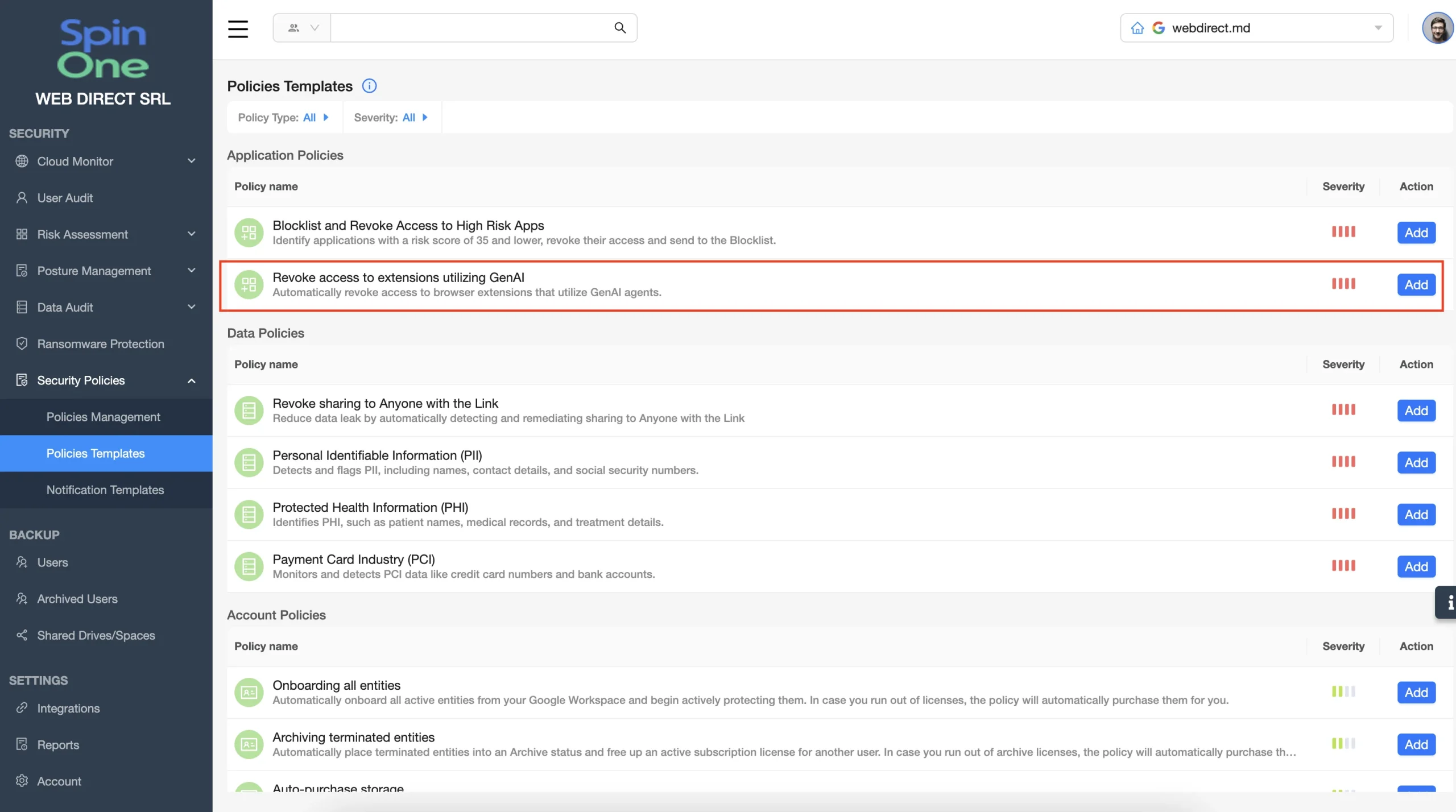 Feature Overview Q1 2025 | Spin.AI Security dashboard showing Policies Templates with a highlighted row: 'Revoke access to extensions utilizing GenAI' (outlined in orange) on the list page of a management portal.