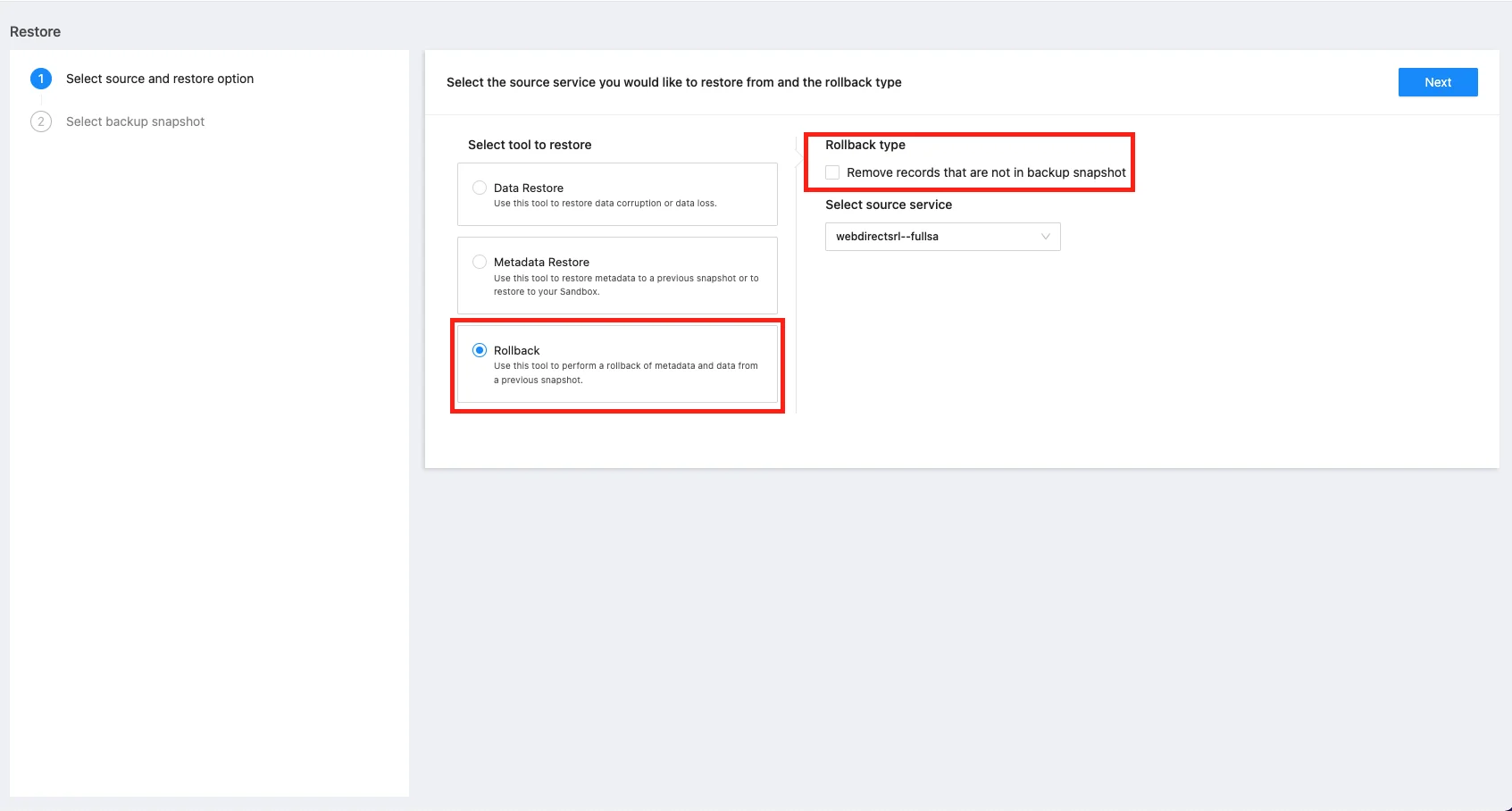 Choosing restore type in Salesforce rollback | Spin.AI Screenshot showing options for choosing restore type in Salesforce rollback process