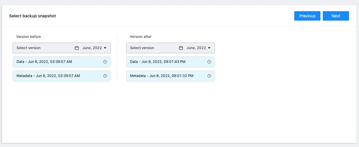 Choosing versions in Salesforce rollback | Spin.AI Screenshot displaying version selection during Salesforce rollback process