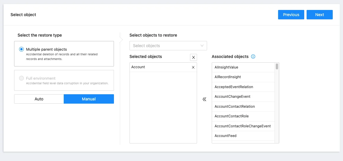 Screenshot of smart object restore selection screen in Salesforce backup recovery