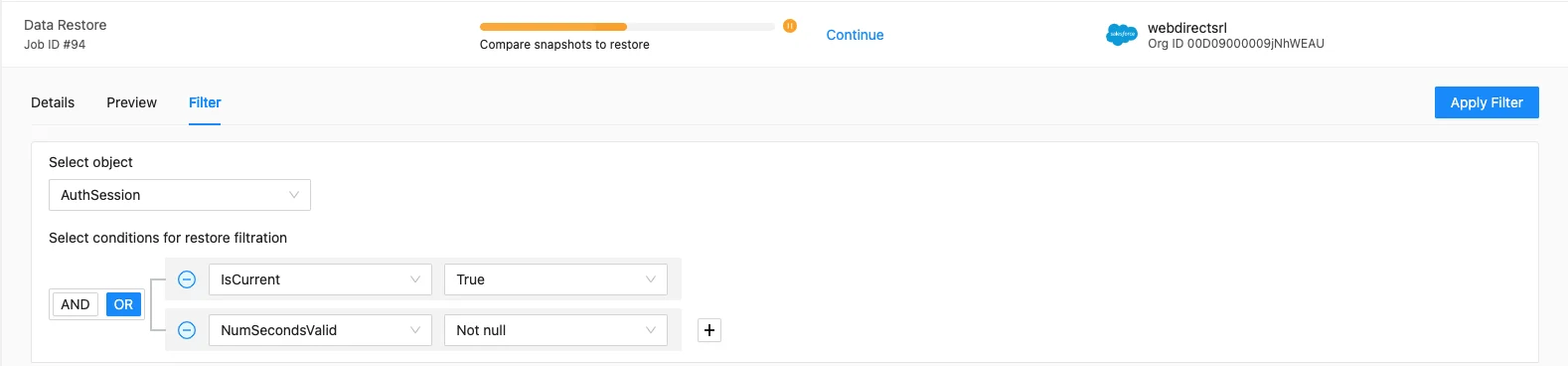 Screenshot showing filter options in smart object restore for Salesforce
