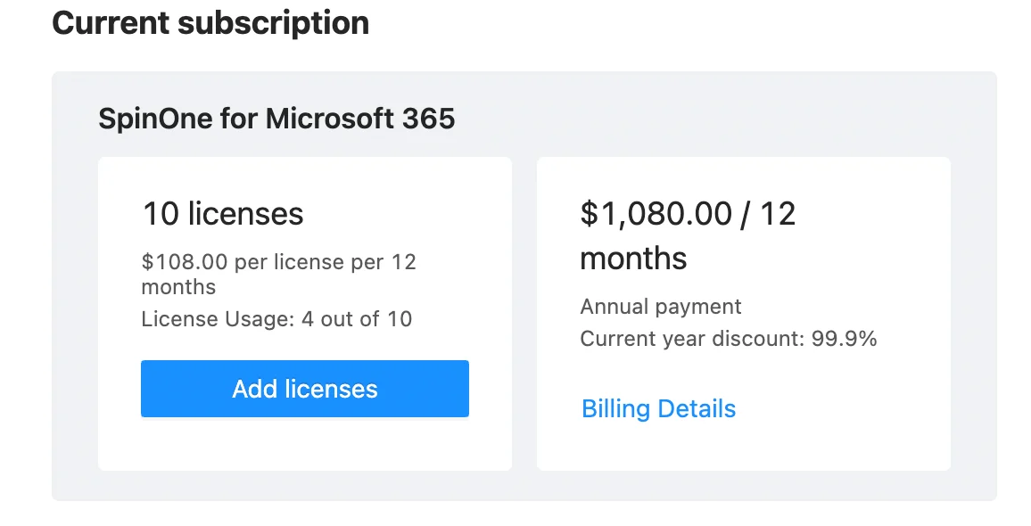 Screenshot depicting license management in SpinOne for Microsoft 365