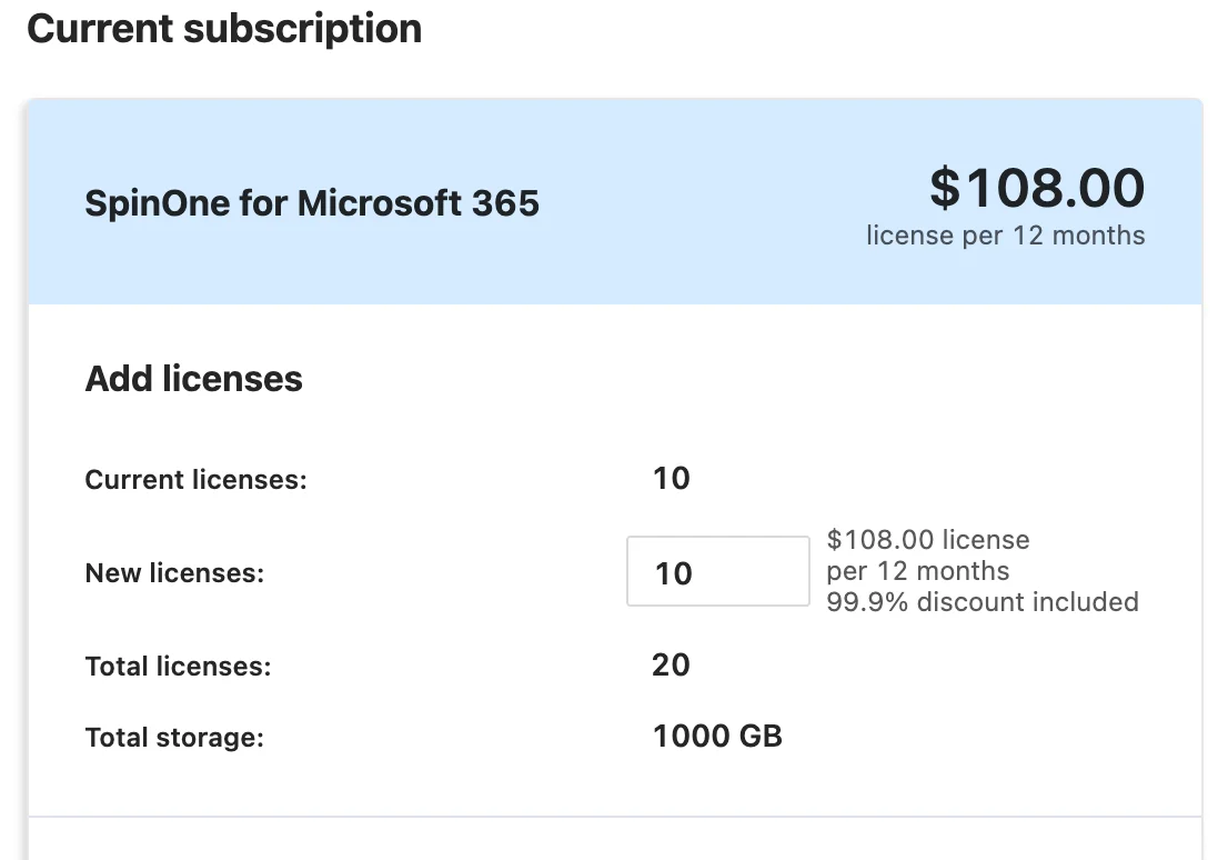 Screenshot showing license configuration in SpinOne for Microsoft 365