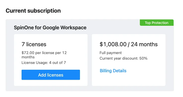 License management interface in SpinOne | Spin.AI Screenshot showing license management interface in SpinOne for Google Workspace