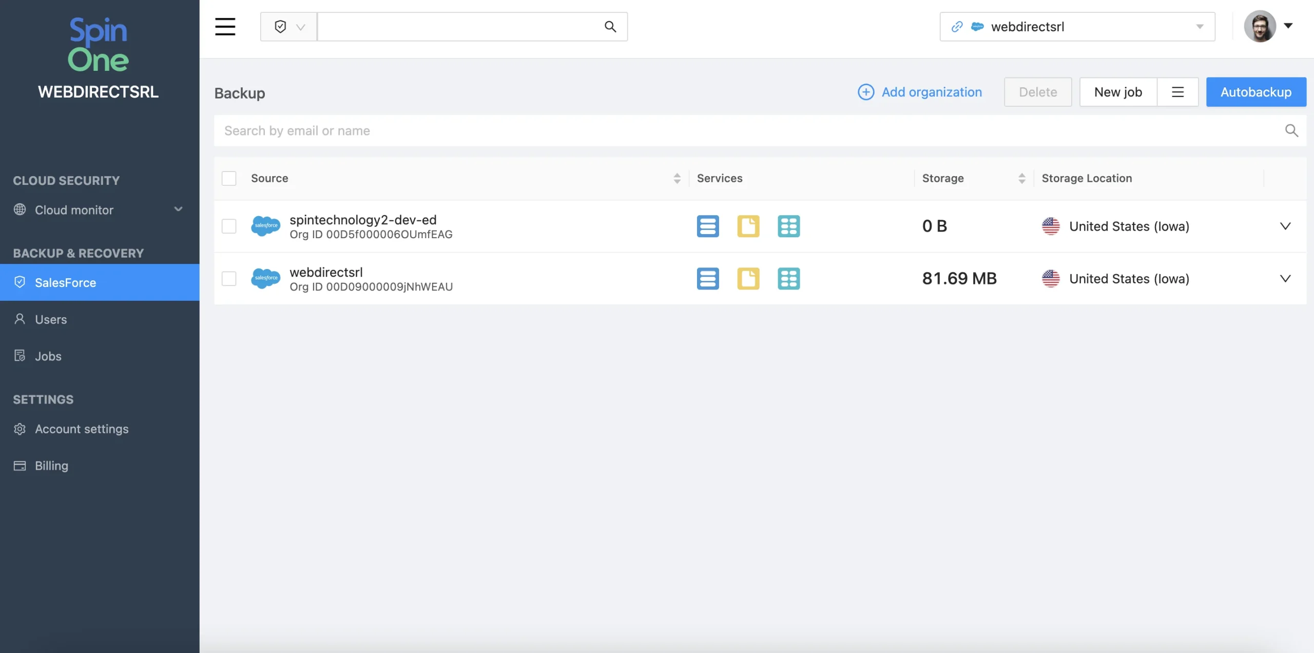SpinOne screen displaying options to connect a new Salesforce production or sandbox environment