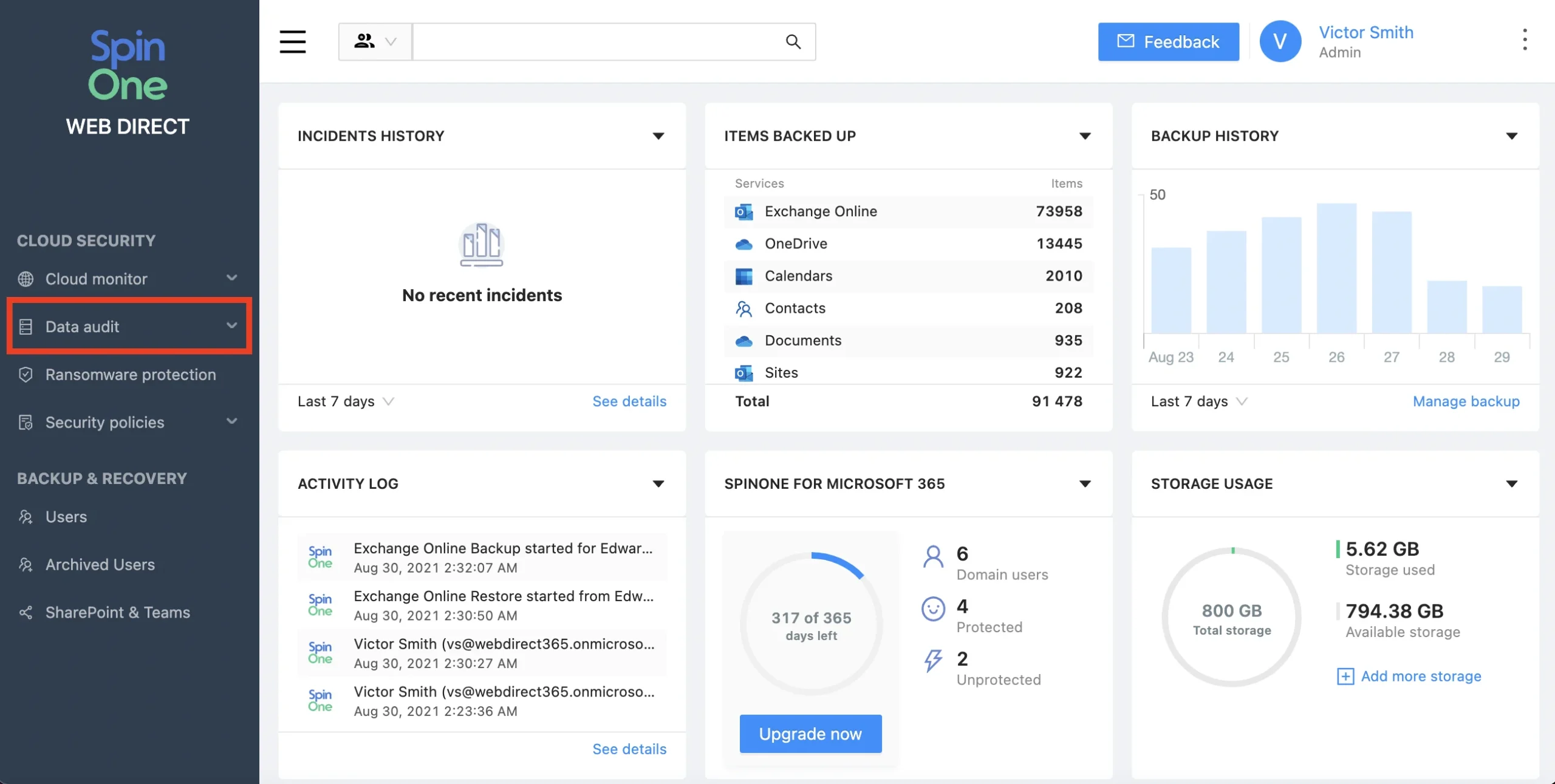 SpinOne data audit screen tracking data sharing activities in Microsoft 365
