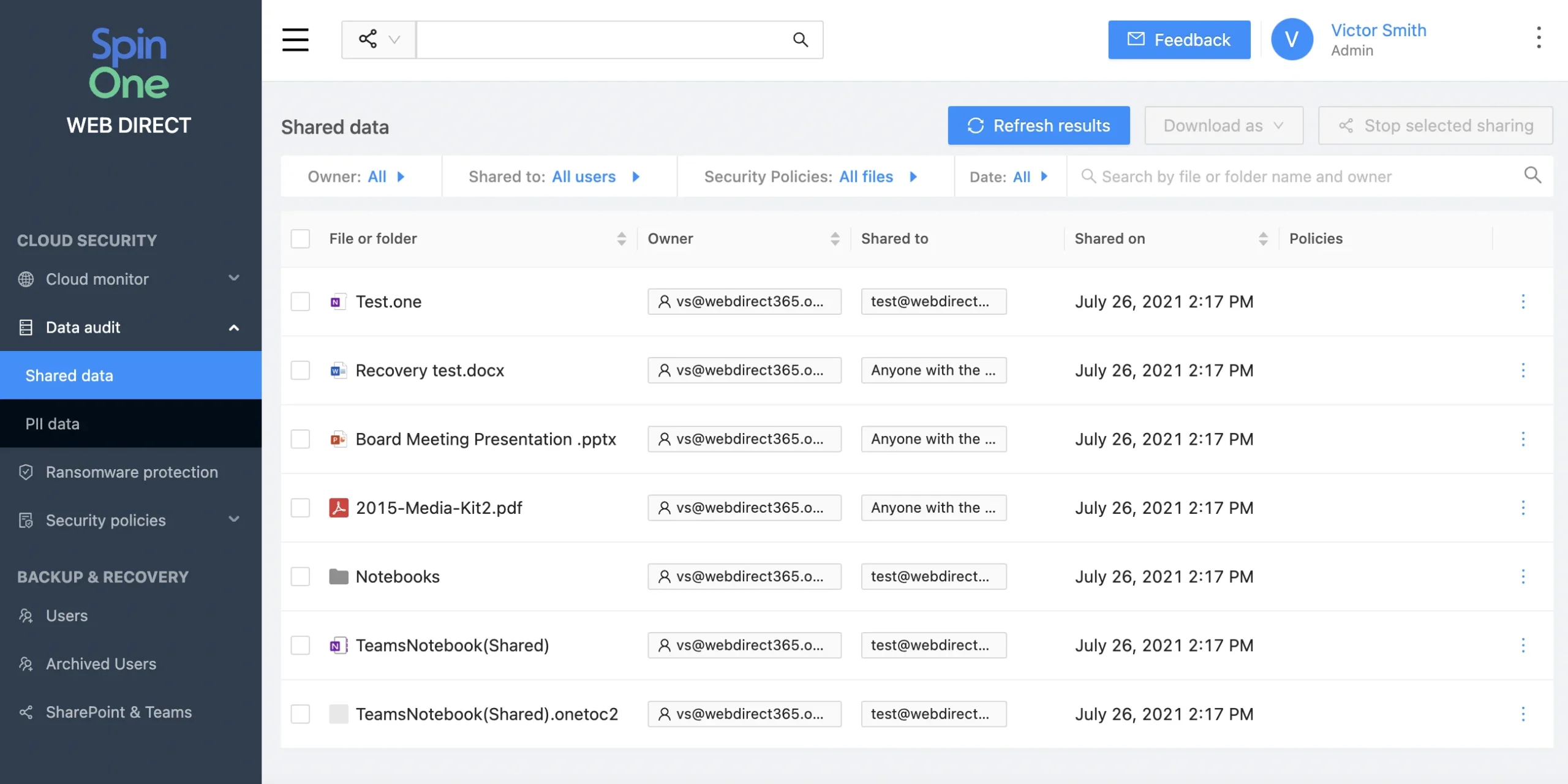 Microsoft 365 data sharing tracking interface in SpinOne data audit