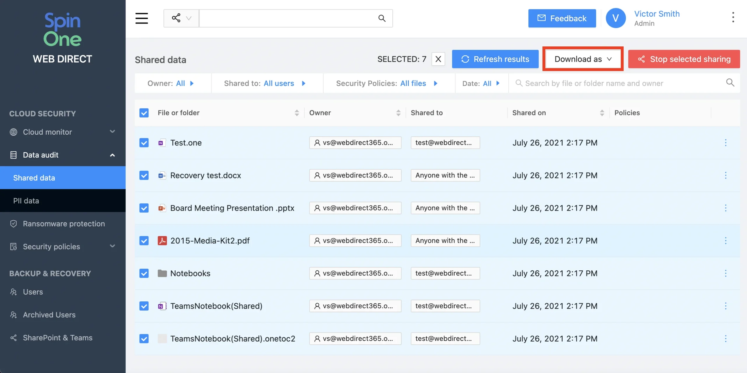 SpinOne screenshot showing data audit tracking for Microsoft 365 data sharing