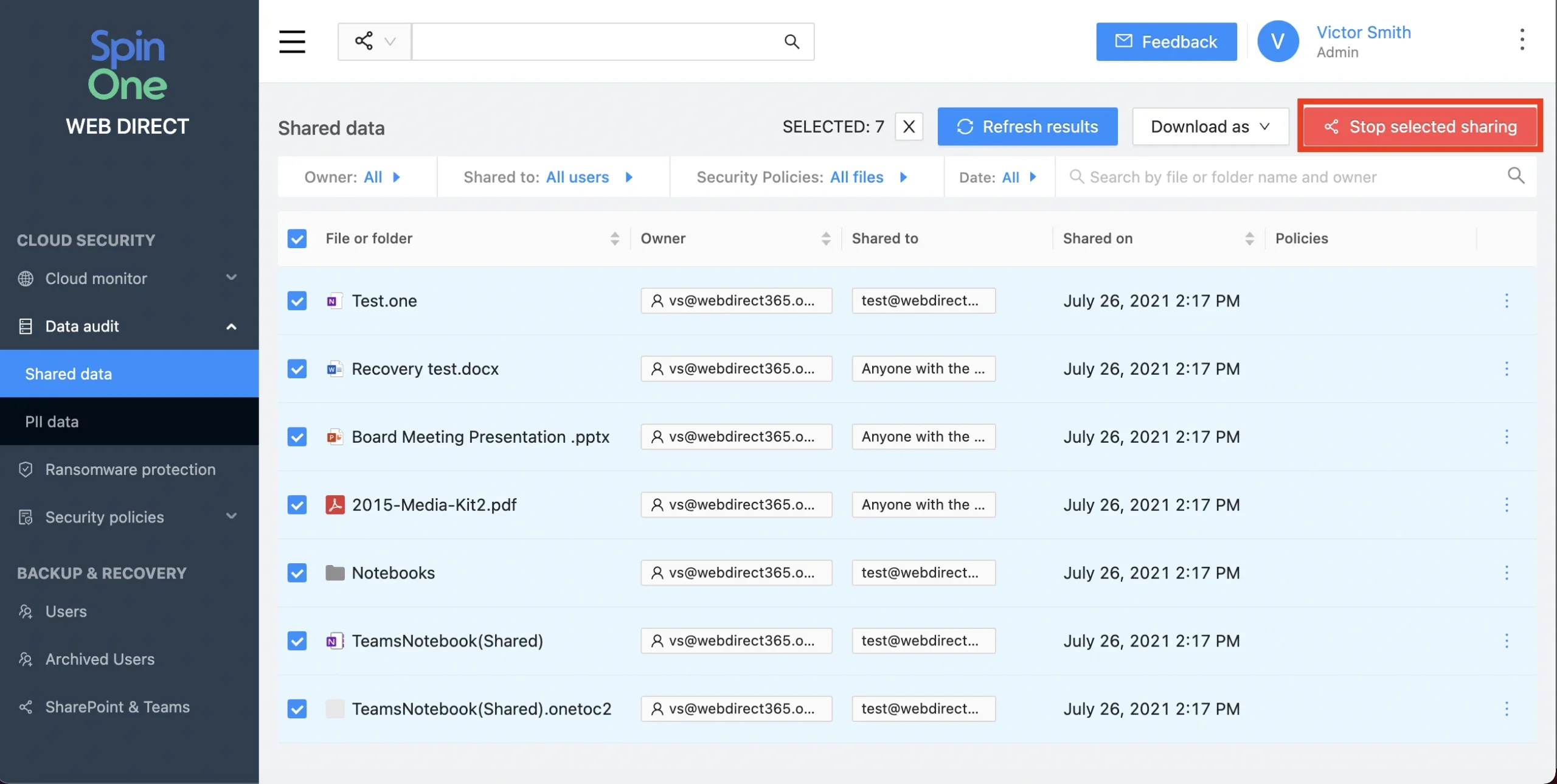 SpinOne interface displaying Microsoft 365 data sharing audit results