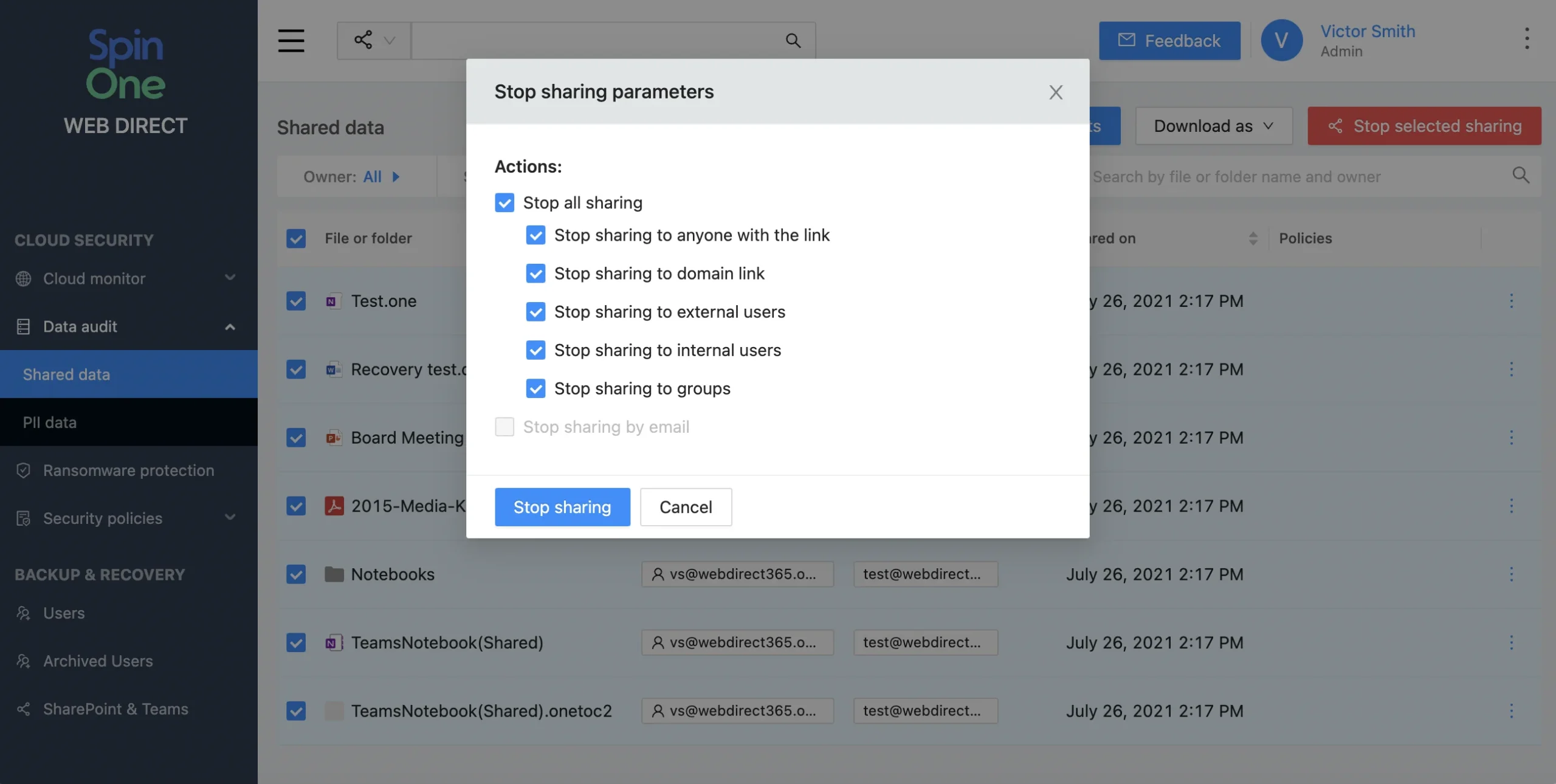 Dialog titled 'Stop sharing parameters' with options to stop sharing to link, domain, external/internal users, and groups; includes Stop sharing and Cancel buttons.