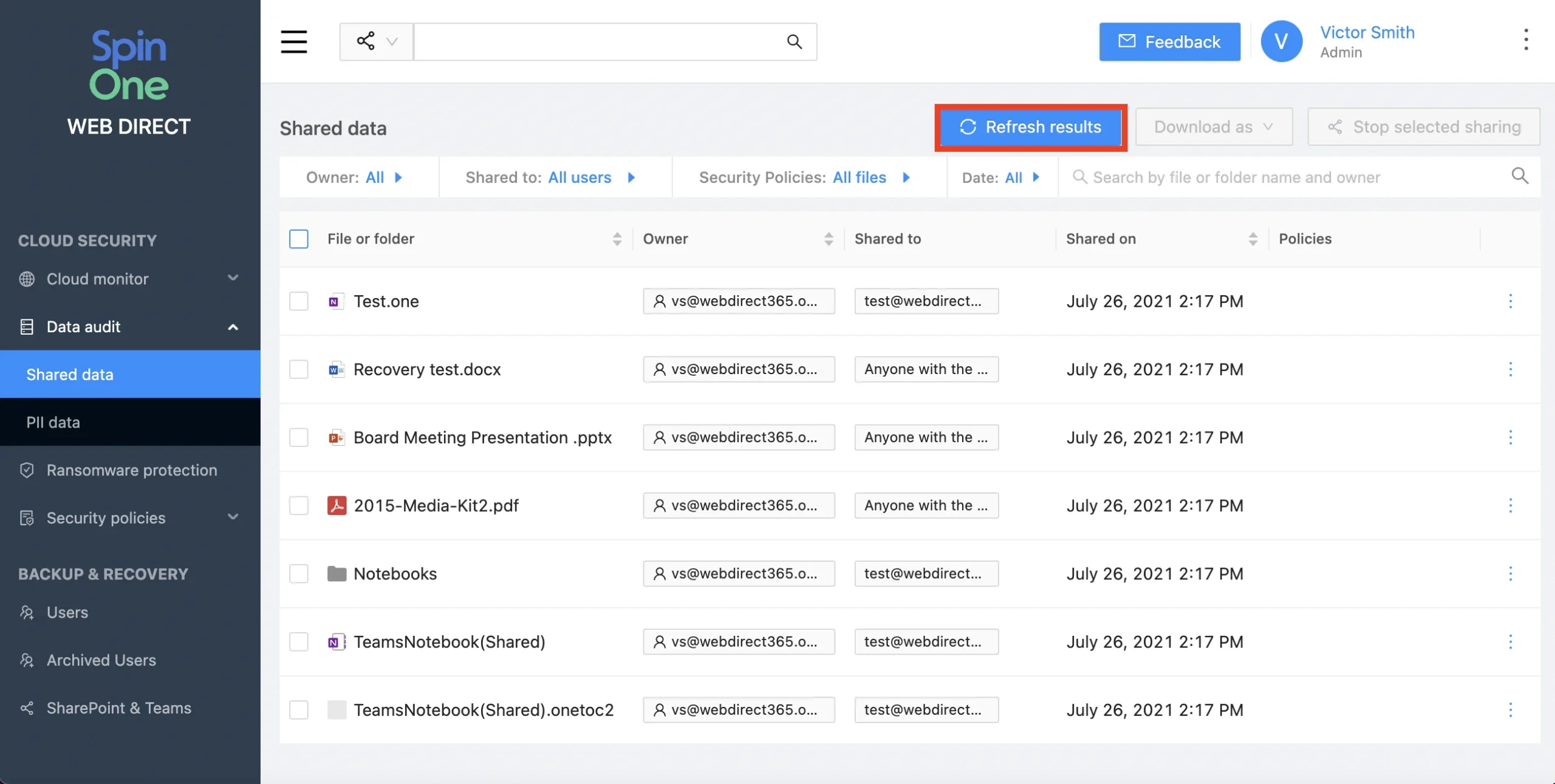 SpinOne Microsoft 365 data audit screen showing detailed data sharing tracking