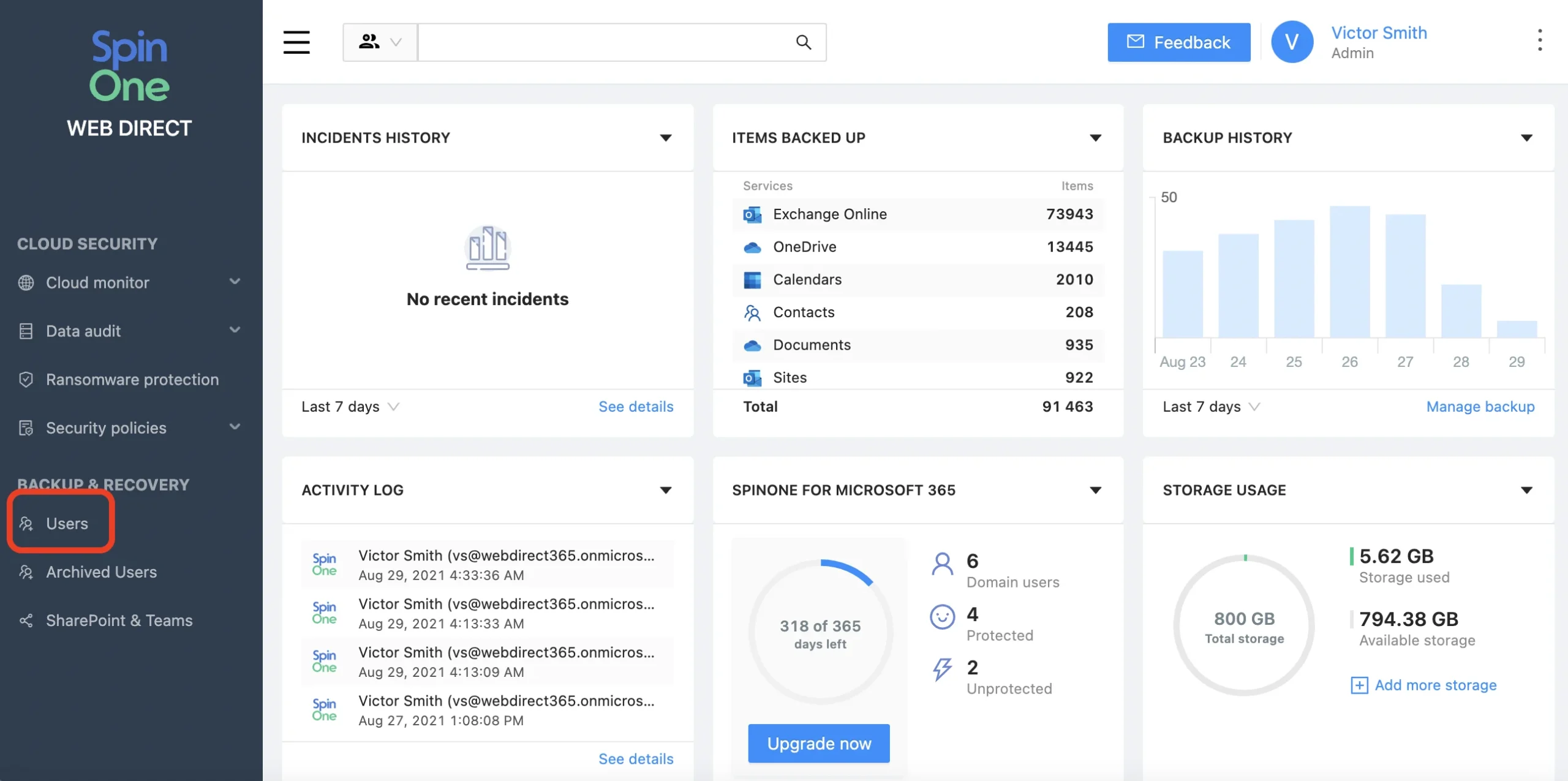 Download Microsoft 365 Data | Spin.AI SpinOne interface for downloading Microsoft 365 data to a local device