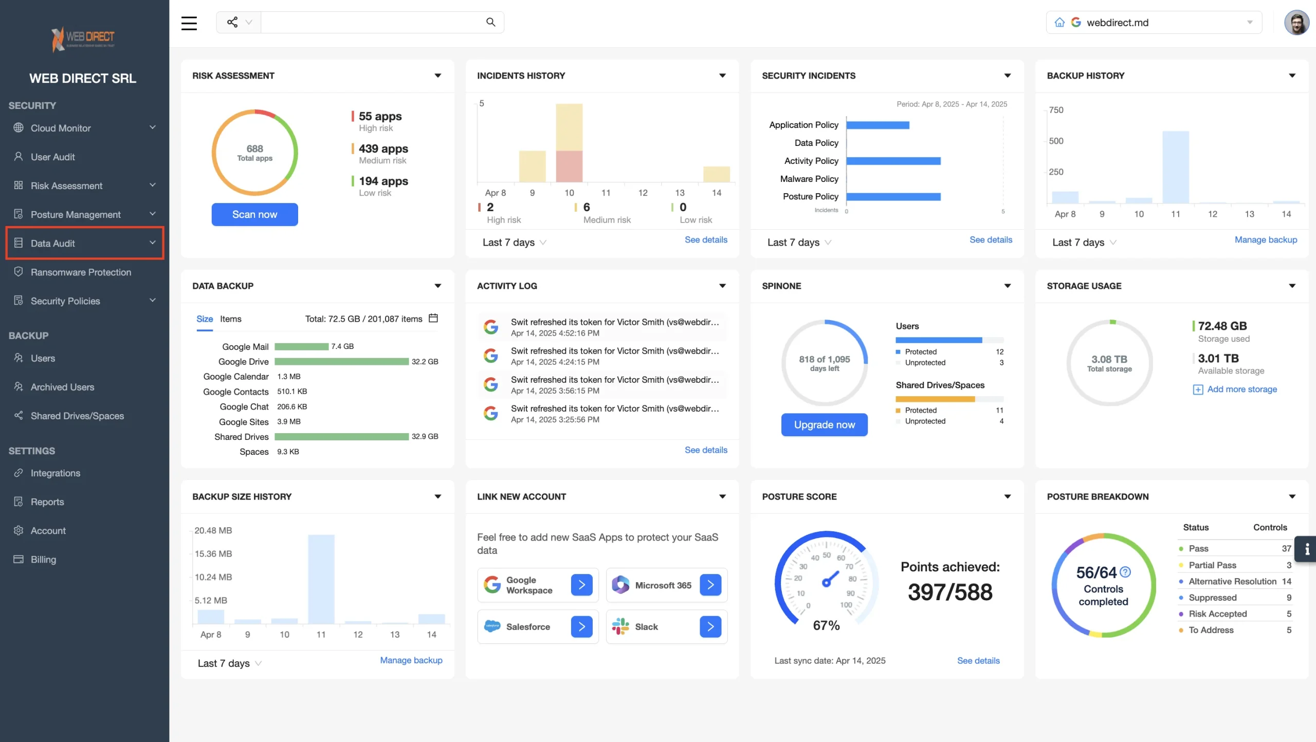 Drive Sharing Management Dashboard | Spin.AI Overview dashboard of Web Direct SRL admin panel showing security, backup, and usage tiles with a left navigation menu highlighted on Data Audit panel.