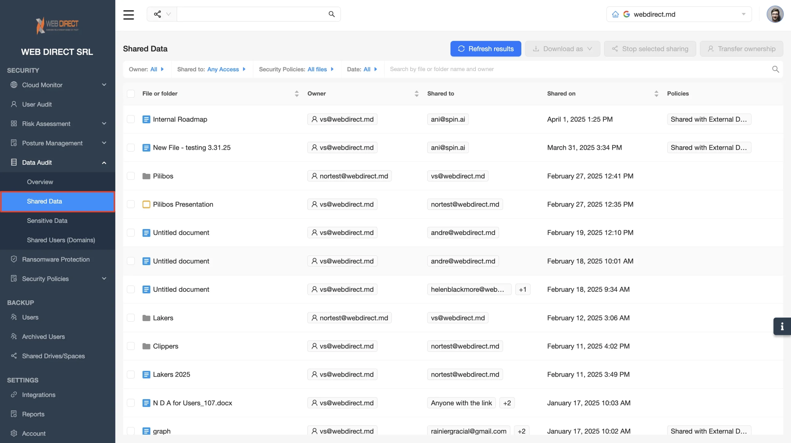 Drive Sharing Management Features | Spin.AI Shared Data view: list of files/folders with owners, recipients, dates, and sharing policies (Web Direct).